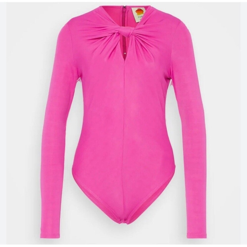 FARM Rio Pink knot Bodysuit with Long Sleeves and V-Neckline